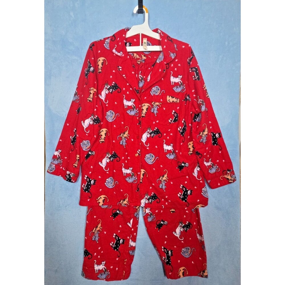 NEW LA CERA 100% COTTON FLANNEL PAJAMA SET CAT PRINT RED PLUS SIZE 1X KITTY PJS - Picture 4 of 15
